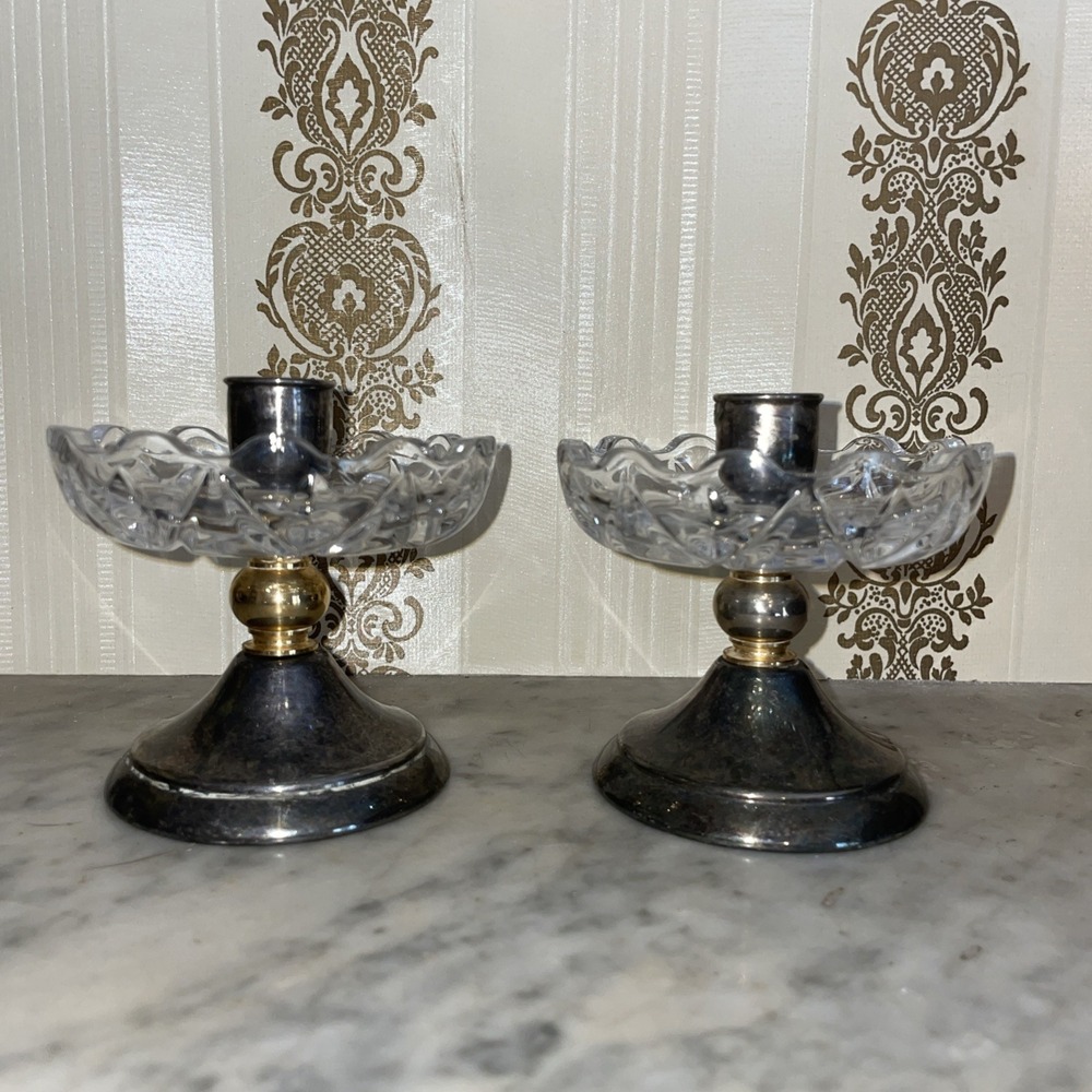Pair of Landes Matching Candle Stick Holders Silver -plated Crystal "Coronation"